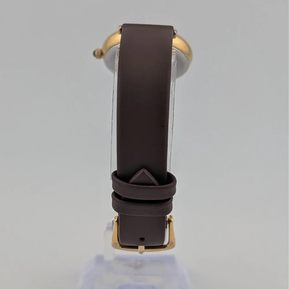 Pulsar V249-0030 Date Pointer Gold Tone White Dial Brown Leather Women's Watch